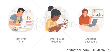 Parental control applications isolated cartoon vector illustration set. Homework time without gadget, teen has lock icon on screen, remote device blocking, statistics dashboard vector cartoon. Parental control applications isolated cartoon vector illustration set. Homework time without gadget, teen has lock icon on screen, remote device blocking, statistics dashboard vector cartoon. 105078204