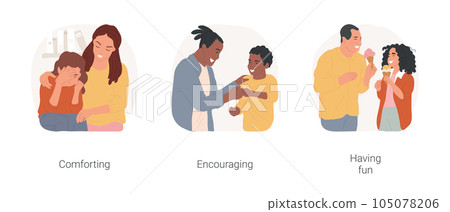 Good relations with parents isolated cartoon vector illustration set. Mom hugging and comforting teenage daughter, dad encouraging son, giving high five, having fun together vector cartoon. Good relations with parents isolated cartoon vector illustration set. Mom hugging and comforting teenage daughter, dad encouraging son, giving high five, having fun together vector cartoon. 105078206