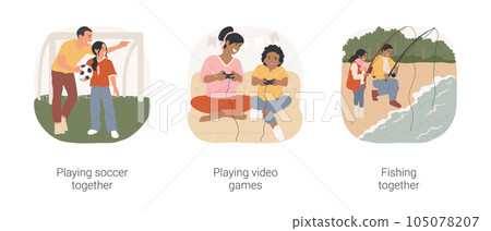 Family activities isolated cartoon vector illustration set. Father and daughter playing soccer, mom and son play video games, dad and teenage child fishing together, good relation vector cartoon. 105078207