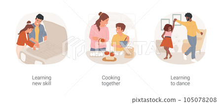 Learning new skills with parents isolated cartoon vector illustration set. Teenage girl repairs car with dad, mom and son cooking together, father teaching daughter to dance vector cartoon. 105078208