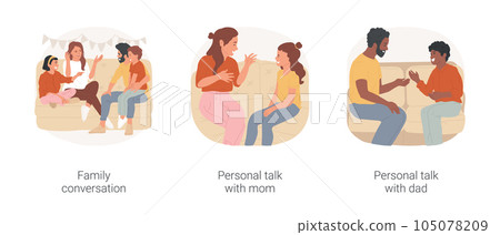 Family talks isolated cartoon vector illustration set. Family conversation, teen daughter having personal talk with mom, dialogue with dad, discussing plans, communication vector cartoon. Family talks isolated cartoon vector illustration set. Family conversation, teen daughter having personal talk with mom, dialogue with dad, discussing plans, communication vector cartoon. 105078209
