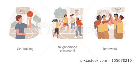 Basketball isolated cartoon vector illustration set. Self-training, teenage boy twirling ball on finger, neighborhood playground, casual game outdoor, teamwork, team spirit vector cartoon. Basketball isolated cartoon vector illustration set. Self-training, teenage boy twirling ball on finger, neighborhood playground, casual game outdoor, teamwork, team spirit vector cartoon. 105078210