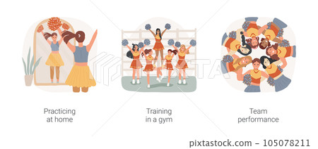 Cheerleading isolated cartoon vector illustration set. Teenage cheerleader practicing at home, girls training at gym, team performance, sport match support, competitive spirit vector cartoon. Cheerleading isolated cartoon vector illustration set. Teenage cheerleader practicing at home, girls training at gym, team performance, sport match support, competitive spirit vector cartoon. 105078211