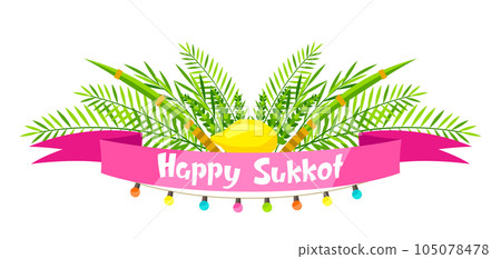 Happy Sukkot greeting card. Holiday background with Jewish festival traditional symbols. 105078478