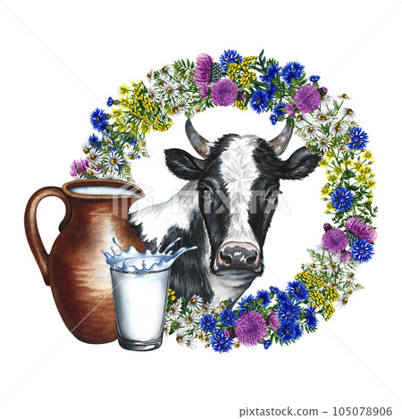 Portrait of a cow and a wreath of wild flowers. Ceramic jug and glass of milk. Watercolor hand drawn illustration. Isolate. For the design of dairy and farm products, labels and packaging. Portrait of a cow and a wreath of wild flowers. Ceramic jug and glass of milk. Watercolor hand drawn illustration. Isolate. For the design of dairy and farm products, labels and packaging. 105078906