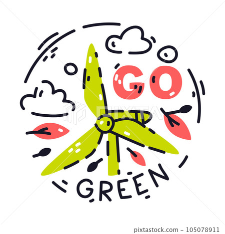 Eco Friendly Badge and Ecology Emblem with Windmill Vector Illustration Eco Friendly Badge and Ecology Emblem with Windmill Vector Illustration 105078911