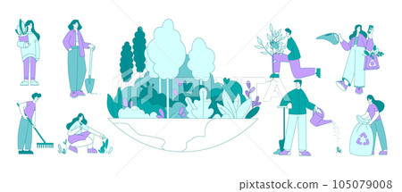 Eco-friendly Life with Man and Woman Save Planet Vector Set Eco-friendly Life with Man and Woman Save Planet Vector Set 105079008