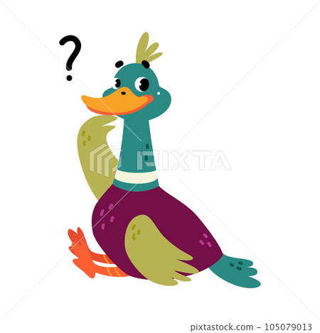 Funny Dabbling Duck Character Sit with Question Mark Vector Illustration 105079013