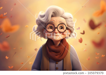 Old woman with nice haircut cartoon character. Smiling grandma portrait on autumn background. AI-generated content 105079370