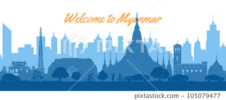 Myanmar famous landmark in cityscape scene silhouette style front of towers Myanmar famous landmark in cityscape scene silhouette style front of towers 105079477