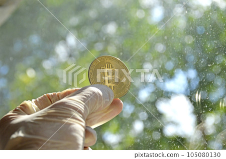 bitcoin coin in a man's hand against the background of the sky and trees bitcoin coin in a man's hand against the background of the sky and trees 105080130