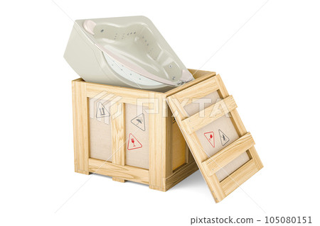 Hydromassage tub inside wooden box, delivery concept. 3D rendering Hydromassage tub inside wooden box, delivery concept. 3D rendering 105080151