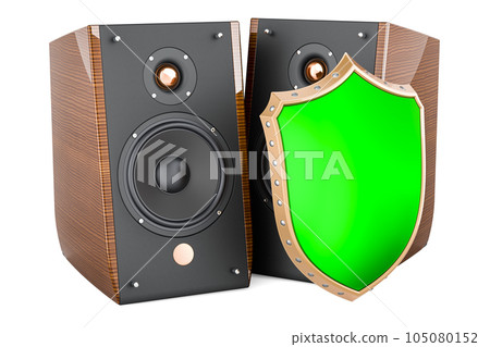 Musical Speakers with shield. 3D rendering Musical Speakers with shield. 3D rendering 105080152