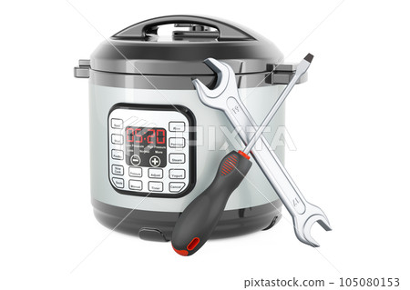 Automatic Multicooker with screwdriver and wrench. 3D rendering Automatic Multicooker with screwdriver and wrench. 3D rendering 105080153