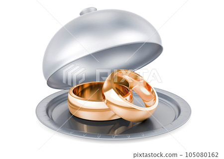 Restaurant cloche with golden wedding rings, 3D rendering Restaurant cloche with golden wedding rings, 3D rendering 105080162