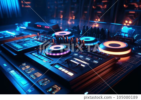 DJ audio mixer controller of electronic music in a nightclub Created with Generative AI technology. 105080189