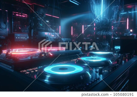 DJ audio mixer controller of electronic music in a nightclub Created with Generative AI technology. DJ audio mixer controller of electronic music in a nightclub Created with Generative AI technology. 105080191
