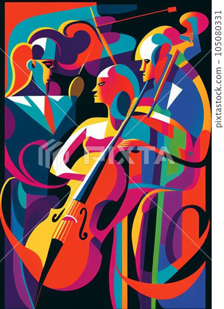 Illustration of abstract musician play music on big concert Created with Generative AI technology. 105080331