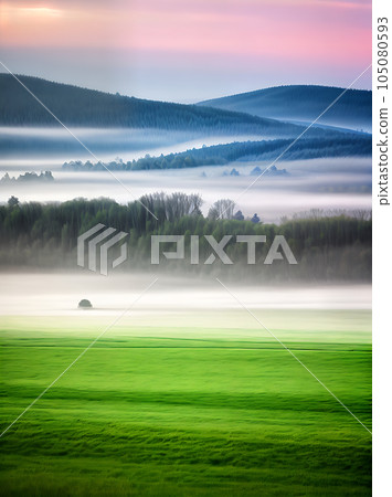 field fog papercut pastel tones surreal ambiance. field fog papercut pastel tones surreal ambiance. 105080593