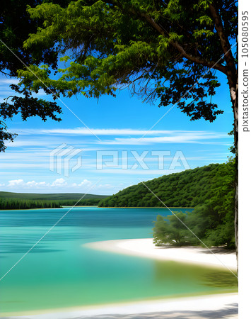 Colorful tropical lake with flat topography. Colorful tropical lake with flat topography. 105080595