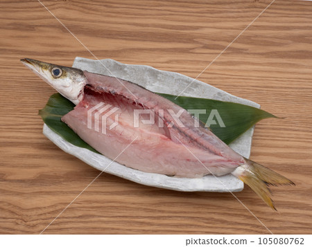 Opened barracuda for grilling with salt 105080762