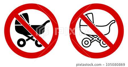 Baby carriage not allowed sign. Children stroller in red crossed circle 105080869