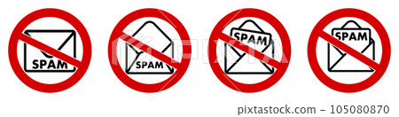 No spam icon, mail envelope with text in red crossed circle No spam icon, mail envelope with text in red crossed circle 105080870