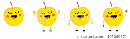 Cute kawaii style Apple fruit icon, eyes closed, smiling with open mouth. Version with hands raised, down and waving. 105080871