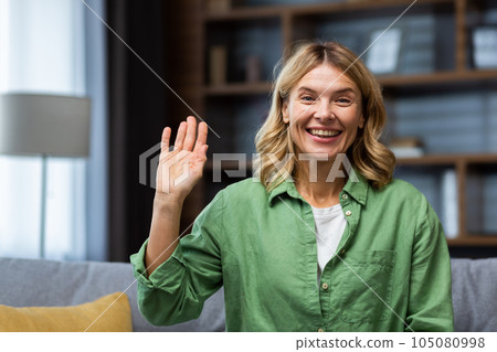 Webcam view, online video call, senior mature woman talking watching web cam smiling sitting on sofa in living room at home. Webcam view, online video call, senior mature woman talking watching web cam smiling sitting on sofa in living room at home. 105080998