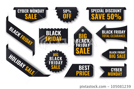 Black Friday big hot sale labels. Cyber monday holiday price tag. Total clearance market promotional banner. Discount shop badge. Save 50 percent deal note sticker. Corner black ribbon isolated 105081239