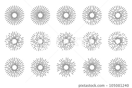 Vintage sunburst collection. Radial sunset beams isolated on white background. Different shapes circle bursting sun rays ink hand drawn hipster frames. Fireworks explosion light blast trendy effect 105081240
