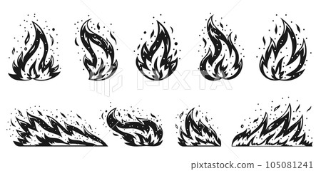 Cartoon fire set. Sparkling igniting flame. Hot temperature blazing dangerous fires. Flaming ignition, flammable blaze heat explosion danger natural gas flames energy flat black symbol, stencil stamp Cartoon fire set. Sparkling igniting flame. Hot temperature blazing dangerous fires. Flaming ignition, flammable blaze heat explosion danger natural gas flames energy flat black symbol, stencil stamp 105081241