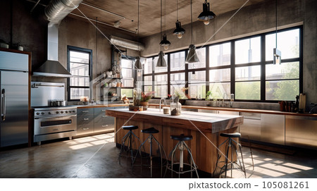 big clean industrial kitchen with lots of natural light - Generative AI 105081261