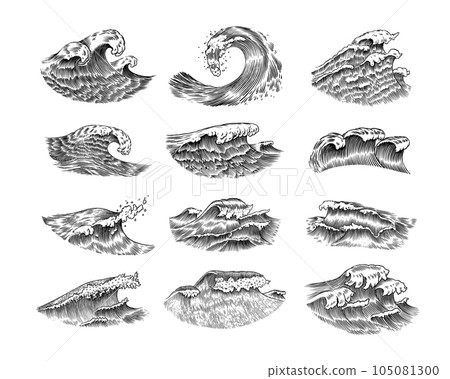 Atlantic tidal waves. Vintage old engraved hand drawn labels. Marine and nautical or sea, ocean 105081300