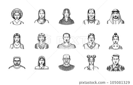 Human Avatars Collection. Diverse faces of people. Characters set. Happy emotions. Portrait for 105081329