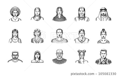 Human Avatars Collection. Diverse faces of people. Characters set. Happy emotions. Portrait for 105081330