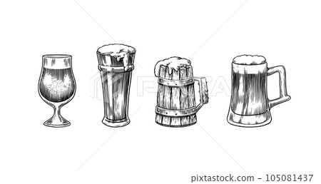 Beer glass, mug of oktoberfest. Engraved in ink hand drawn in old sketch and vintage style for web 105081437