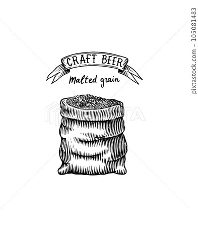 Bag of wheat and grains and hop for making beer. Hand drawn sketch illustration for menu, label 105081483