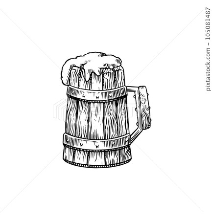 Beer glass, mug of oktoberfest. Engraved in ink hand drawn in old sketch and vintage style for web 105081487