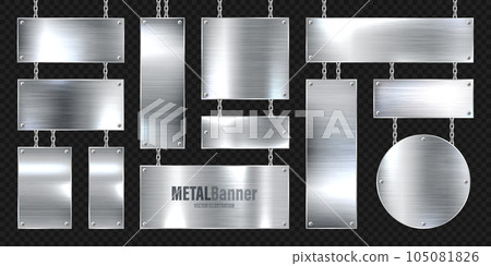 Metal banners hanging on a chain. Realistic shiny steel plate with screws. Polished silver metal surface. Vector illustration 105081826