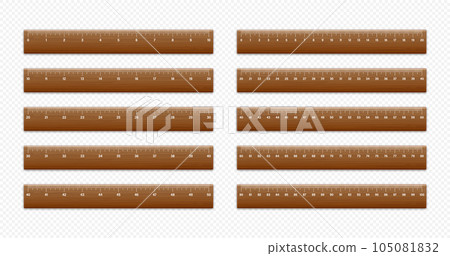 Realistic various wooden rulers with measurement scale and divisions, measure marks. School ruler, centimeter and inch scale for length measuring. Office supplies. Vector illustration 105081832