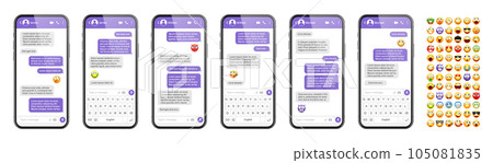 Smartphone messaging app, user interface design with emoji. SMS text frame. Chat screen with violet message bubbles. Texting app for communication. Social media application. Vector illustration 105081835