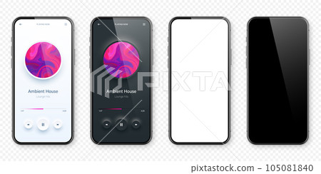 Online audio player user interface, smartphone app UI design. Music, media streaming and listening platform. Responsive mobile application. Neumorphism, neumorphic style. Vector illustration. Online audio player user interface, smartphone app UI design. Music, media streaming and listening platform. Responsive mobile application. Neumorphism, neumorphic style. Vector illustration. 105081840