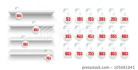 Store shelves with supermarket promotional wobblers. Product shelf and advertising wobbler with percent discount. Grocery wall rack. Sale label, special offer price tag. Vector illustration 105081841