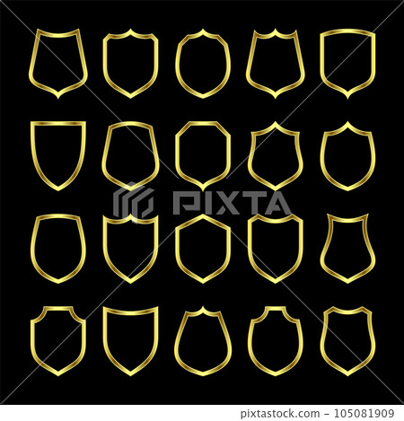 Set of metal vintage shield frames. Shiny golden heraldic shields. Black protection and security symbol, label. Vector illustration 105081909