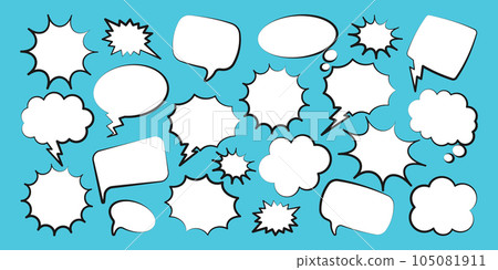 Comic speech bubbles. Outline, hand drawn retro cartoon stickers on blue background. Chatting and communication, dialog elements. Pop art style. Vector illustration Comic speech bubbles. Outline, hand drawn retro cartoon stickers on blue background. Chatting and communication, dialog elements. Pop art style. Vector illustration 105081911