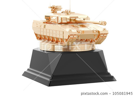 Golden Battle Tank Award Trophy Pedestal. 3d Rendering 105081945