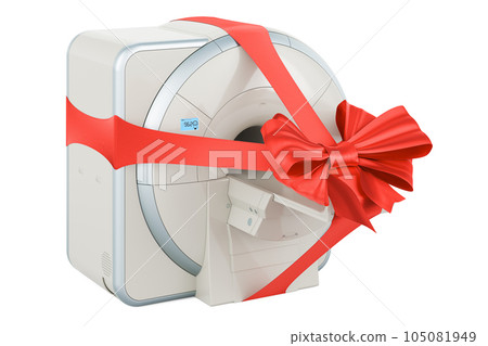 MRI Magnetic Resonance Imaging Scanner with red ribbon and bow, present concept. 3D rendering 105081949