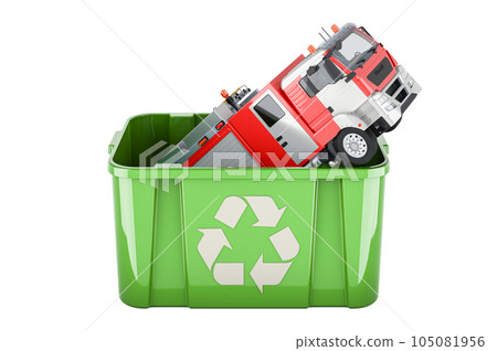 Recycling trashcan with fire truck, 3D rendering 105081956