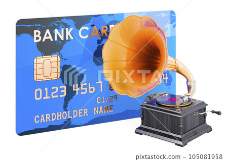 Retro phonograph with credit card, 3D rendering 105081958